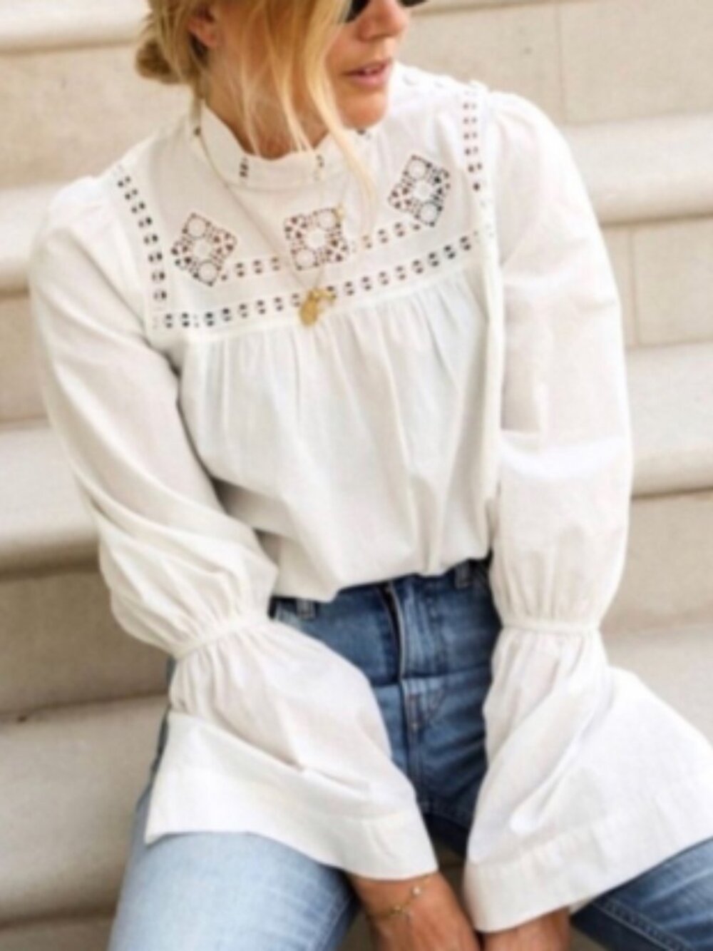 Free People Another Eternity White Crochet Bell Sleeve Blouse Size XS *Flawed